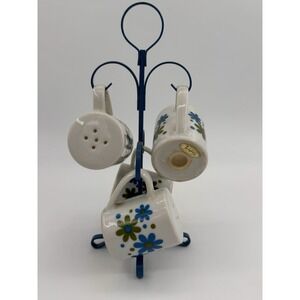 Salt & Pepper Shakers Japan Takahashi Blue Green Flower Daisy w/Stand 1970s VTG